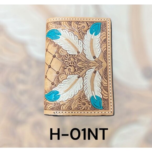 Natural Leather Tri-fold Wallet Floral Feathers Tooled by Ranger Belt Company - Picture 1 of 9